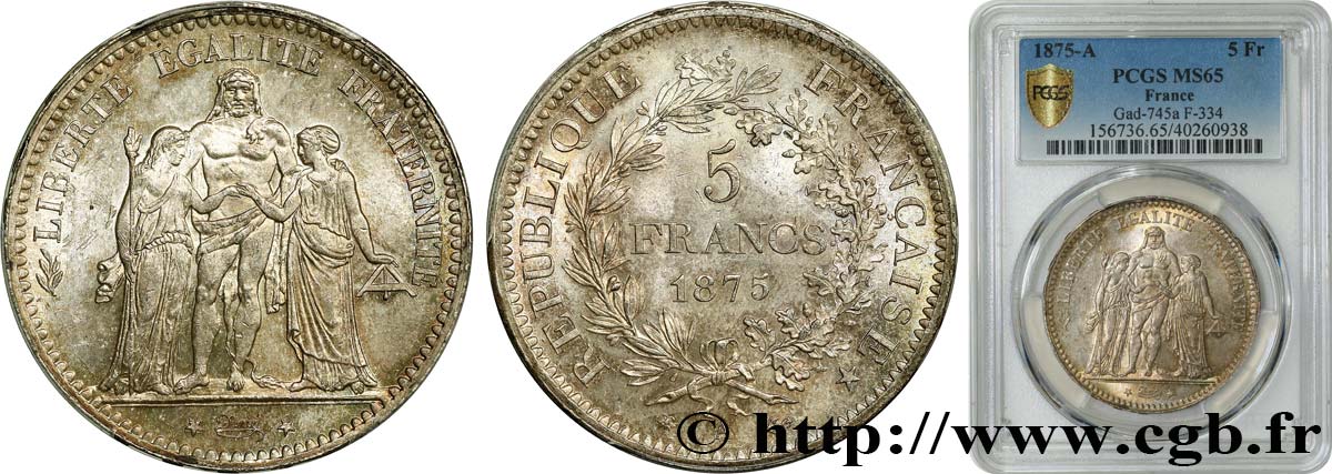 5 francs Hercule 1875 Paris F.334/14 FDC65 PCGS