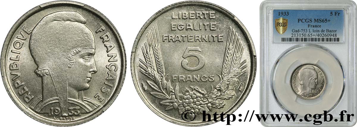 5 francs Bazor 1933  F.335/2 FDC65 PCGS