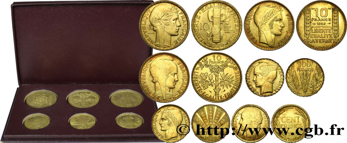Concours monétaire de 1929, boîte de six essais, 100 francs et 10 francs en bronze-aluminium 1929 Paris GEM.161 3 SC64 