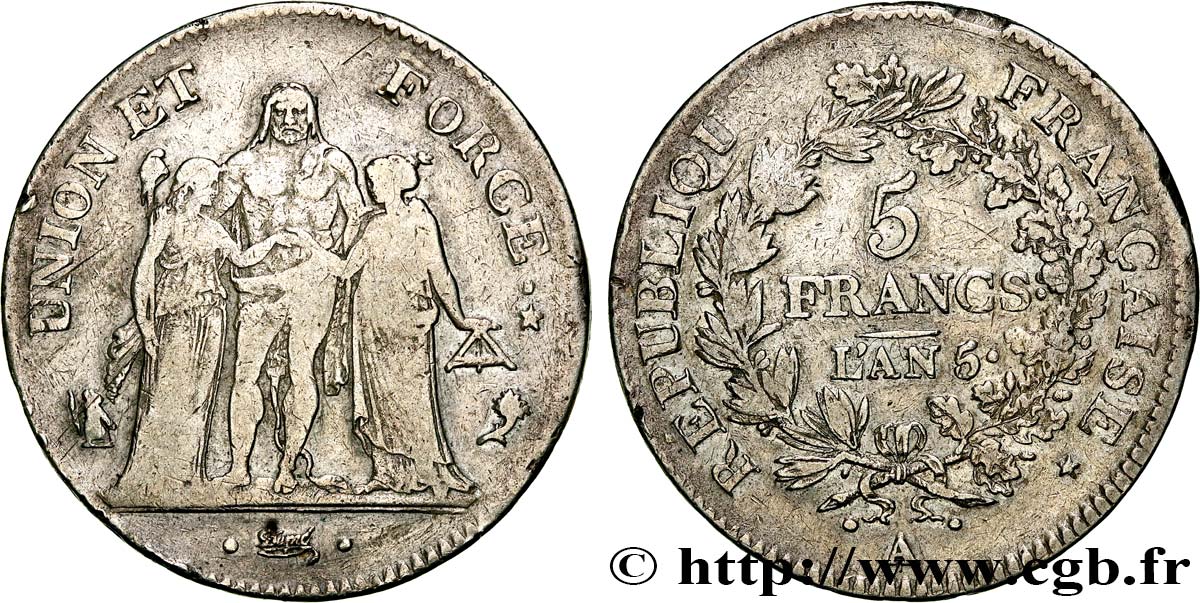 5 francs Union et Force, Union serré, seulement gland extérieur 1797 Paris F.288/10 VF35 