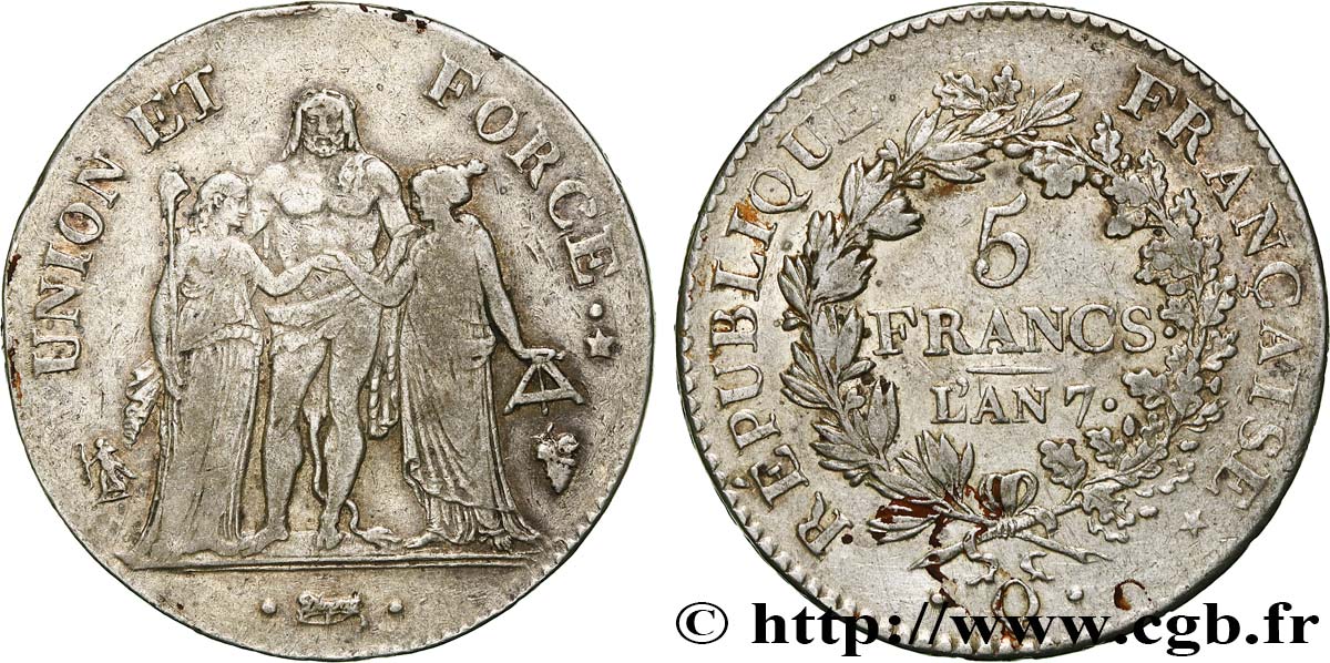 5 francs Union et Force, Union serré, seulement gland extérieur 1799 Perpignan F.288/118 MBC 