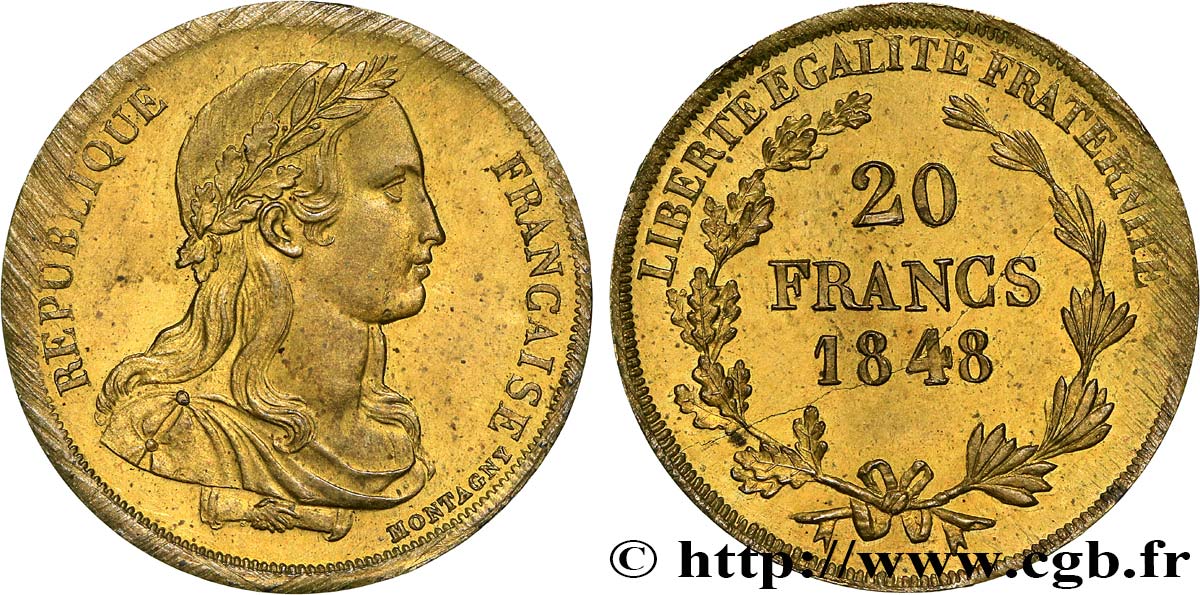 Concours de 20 francs, essai en Laiton de Montagny, buste habillé 1848 Paris VG.3033 var MS62 