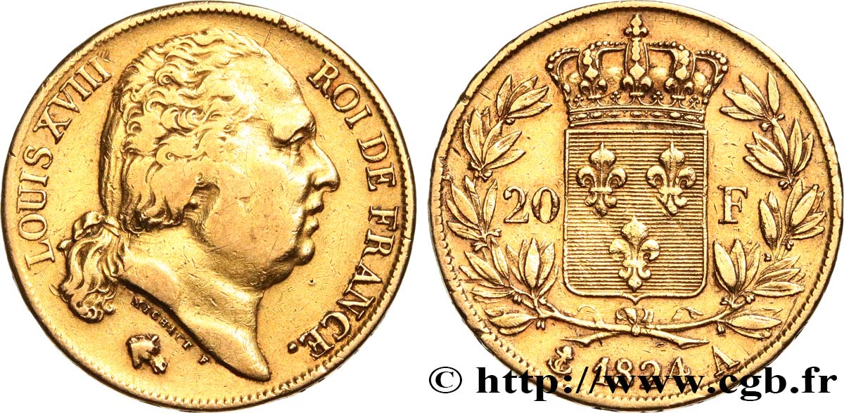 20 francs or Louis XVIII, tête nue 1824 Paris F.519/31 q.BB 