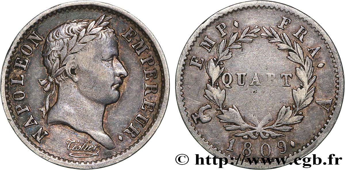 Quart (de franc) Napoléon Ier tête laurée, Empire français 1809 Paris F.162/1 TB+ 
