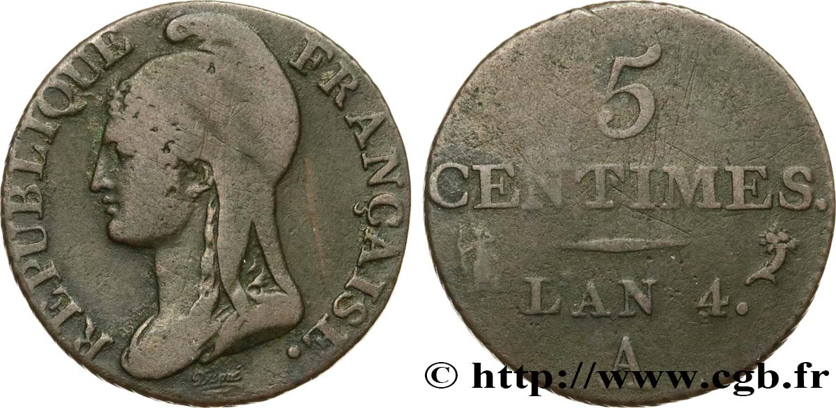 5 centimes Dupré, petit module 1796 Paris F.113/1 S20 