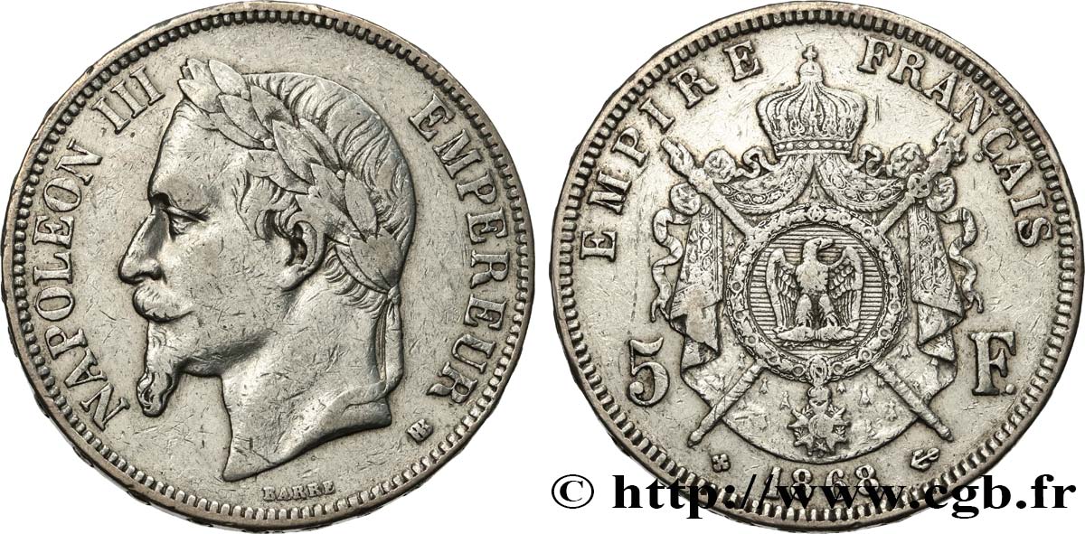 5 francs Napoléon III, tête laurée 1868 Strasbourg F.331/13 BC+ 