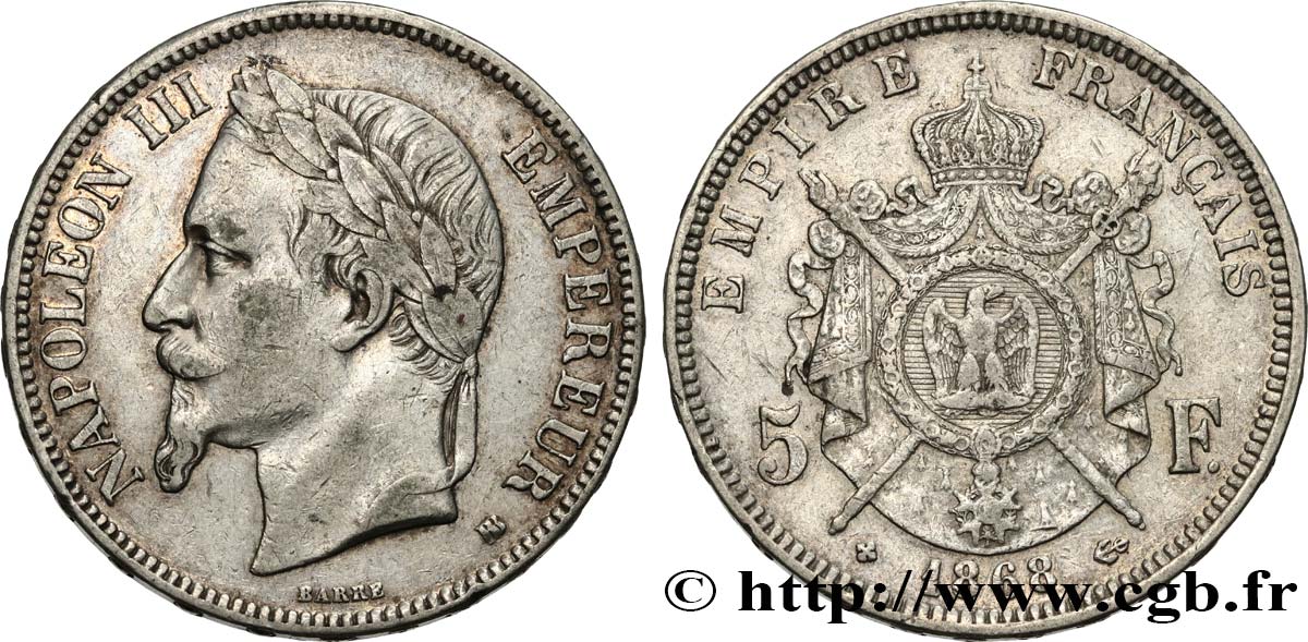 5 francs Napoléon III, tête laurée 1868 Strasbourg F.331/13 fSS 