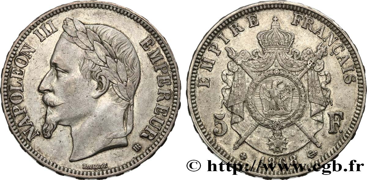 5 francs Napoléon III, tête laurée 1868 Strasbourg F.331/13 q.BB 
