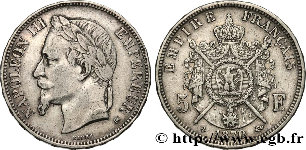 5 francs Napoléon III, tête laurée 1870 Strasbourg F.331/17 VF 