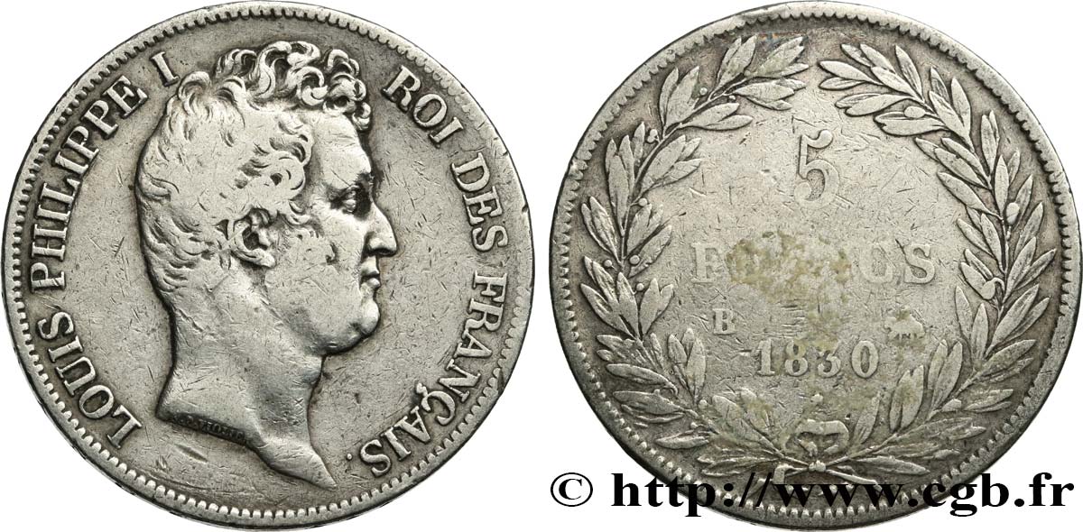 5 francs type Tiolier avec le I, tranche en creux 1830 Rouen F.315/2 S 
