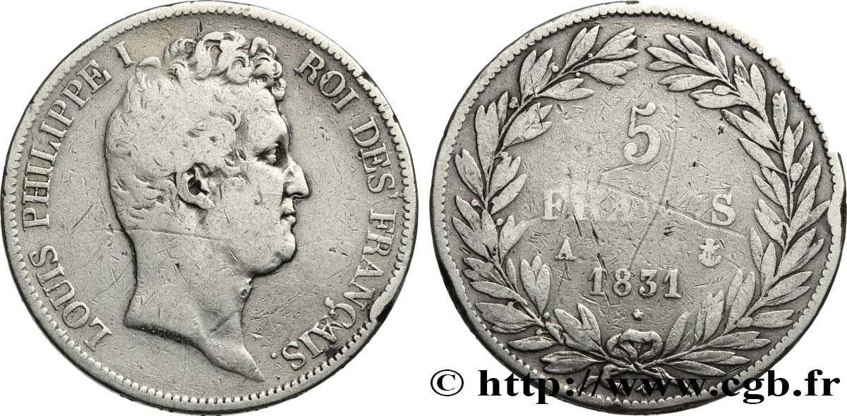 5 francs type Tiolier avec le I, tranche en creux 1831 Paris F.315/14 MB 