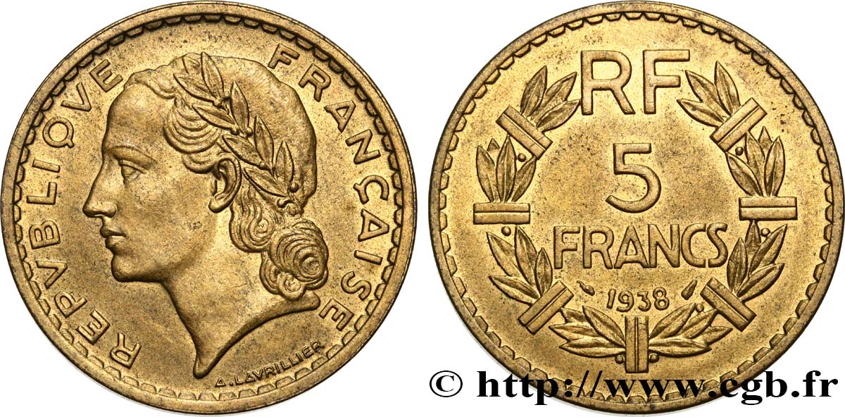 5 francs Lavrillier, bronze-aluminium 1938  F.337/1 TTB50 