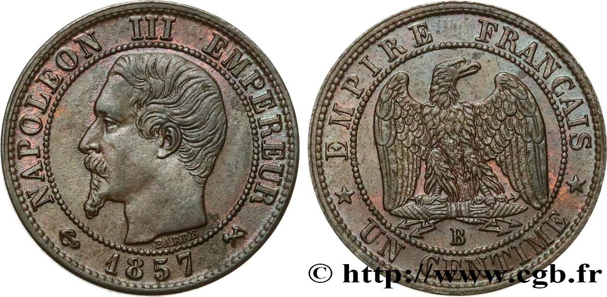 Un centime Napoléon III, tête nue 1857 Rouen F.102/34 EBC62 