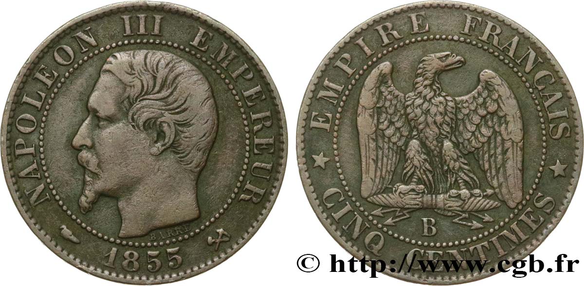 Cinq centimes Napoléon III, tête nue 1855 Rouen F.116/18 TB30 