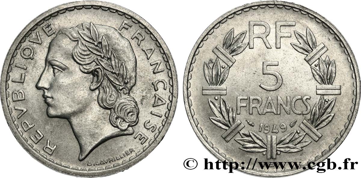 5 francs Lavrillier, aluminium 1949 Beaumont-le-Roger F.339/19 SPL55 