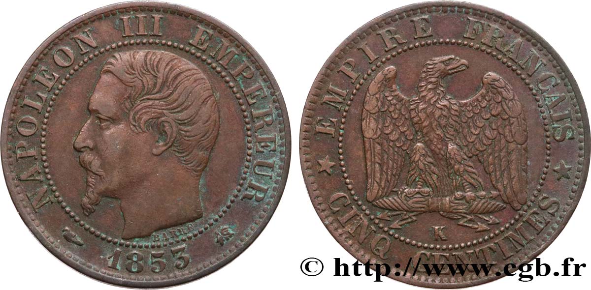 Cinq centimes Napoléon III, tête nue 1853 Bordeaux F.116/5 XF45 