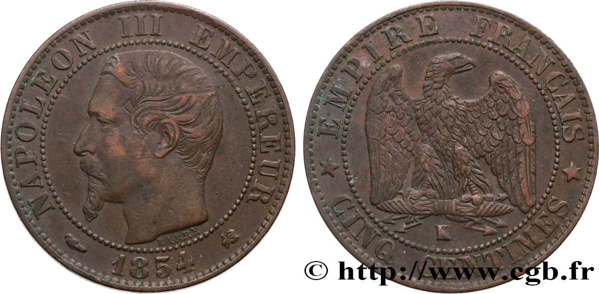 Cinq centimes Napoléon III, tête nue 1854 Bordeaux F.116/13 TB+ 