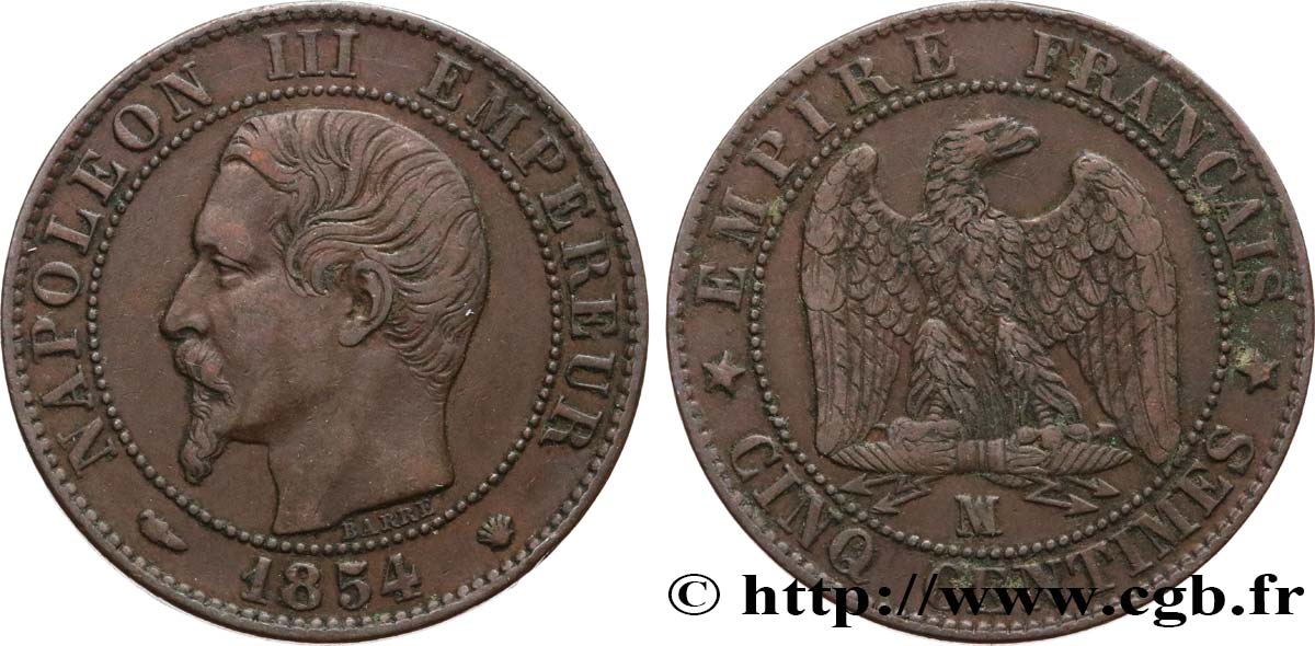 Cinq centimes Napoléon III, tête nue 1854 Marseille F.116/14 MBC45 