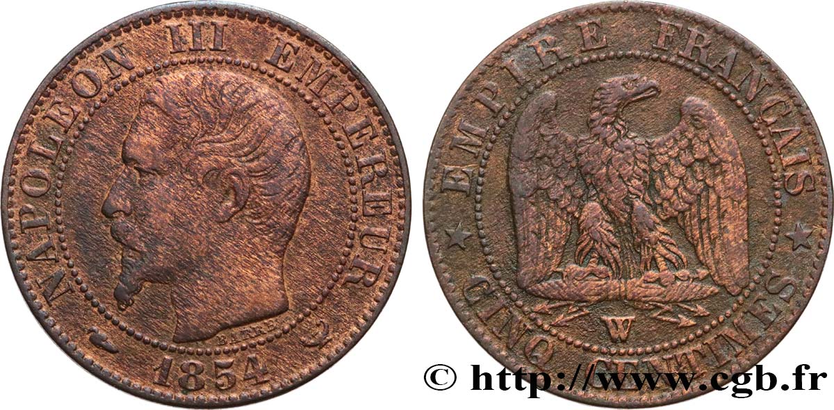 Cinq centimes Napoléon III, tête nue 1854 Lille F.116/15 S 