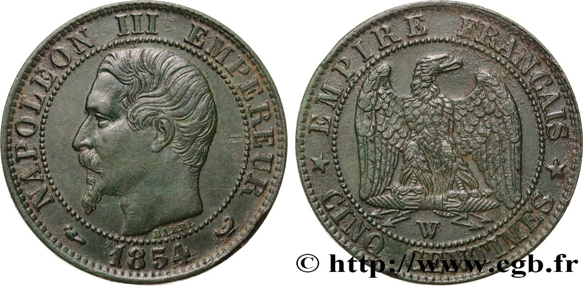 Cinq centimes Napoléon III, tête nue 1854 Lille F.116/15 SS50 