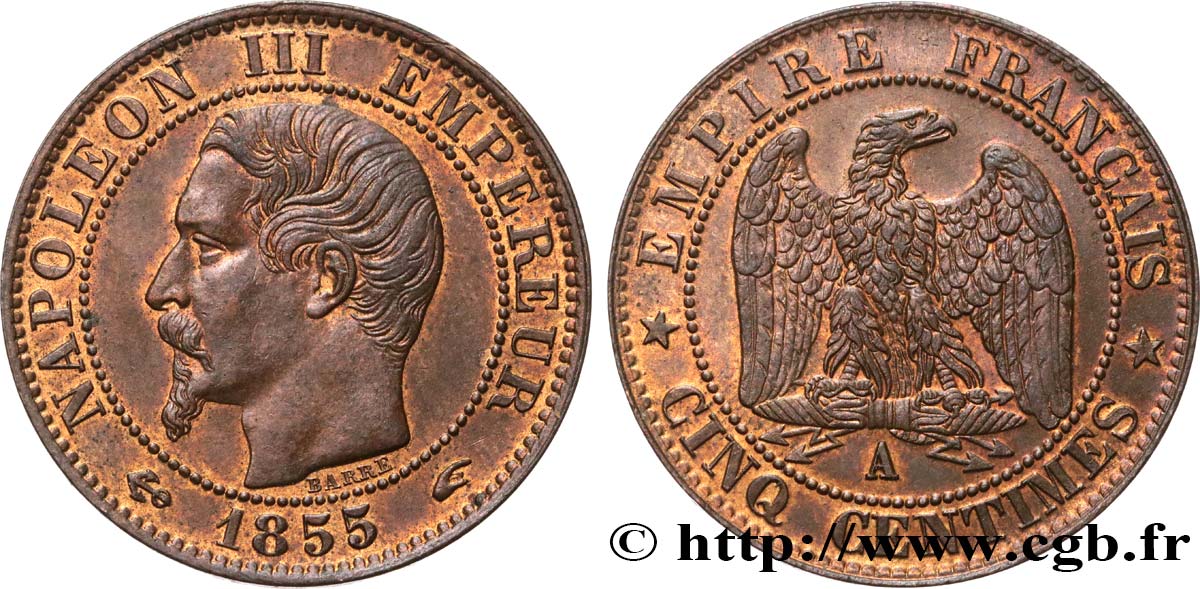 Cinq centimes Napoléon III, tête nue 1855 Paris F.116/17 EBC58 