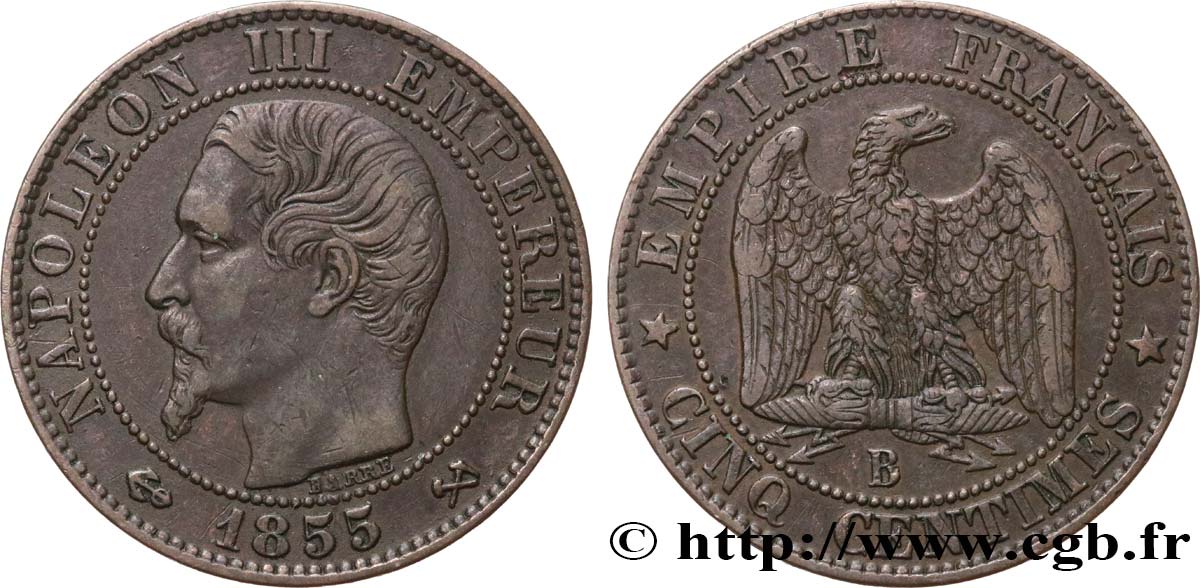 Cinq centimes Napoléon III, tête nue 1855 Rouen F.116/19 TTB45 