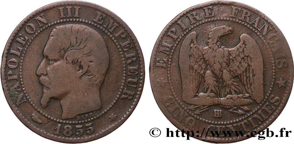 Cinq centimes Napoléon III, tête nue 1855 Strasbourg F.116/20 BC20 