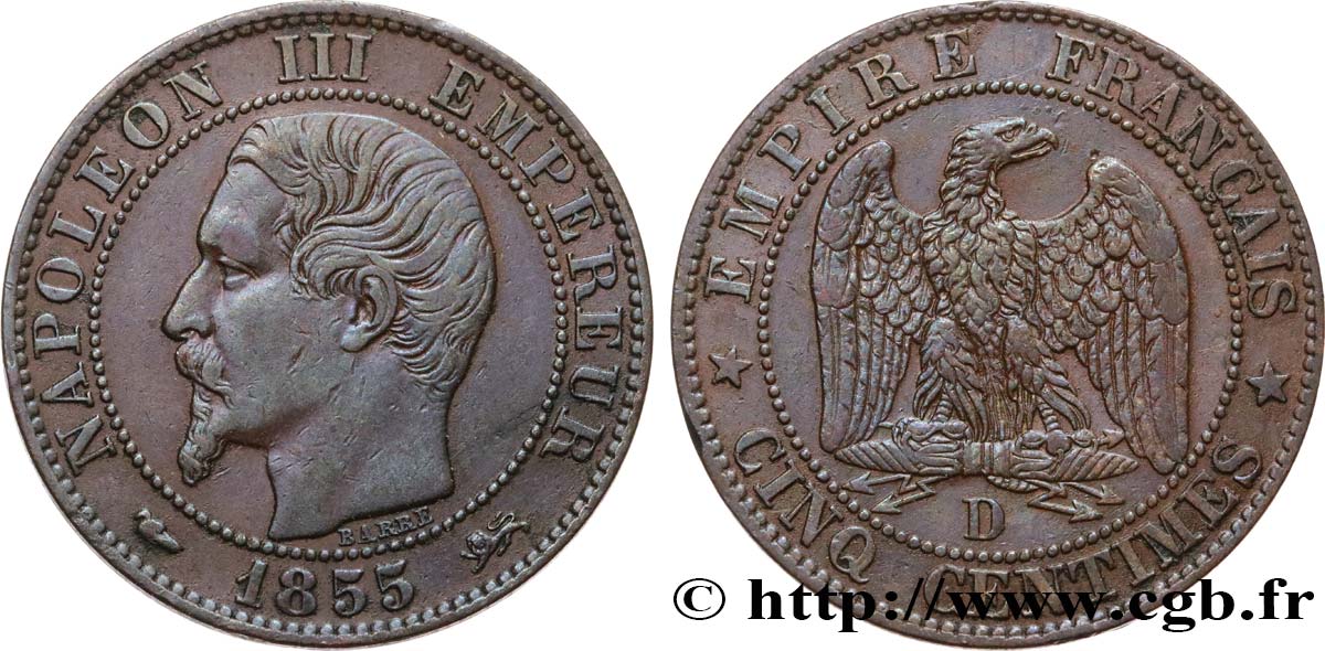 Cinq centimes Napoléon III, tête nue 1855 Lyon F.116/22 XF45 