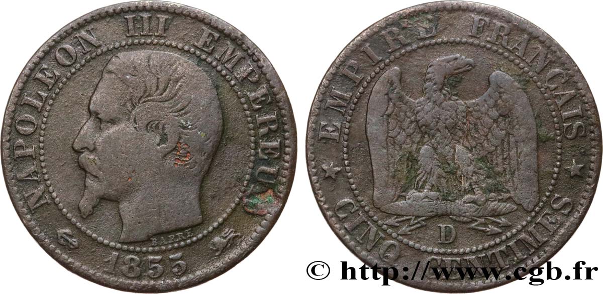 Cinq centimes Napoléon III, tête nue 1855 Lyon F.116/23 TB 