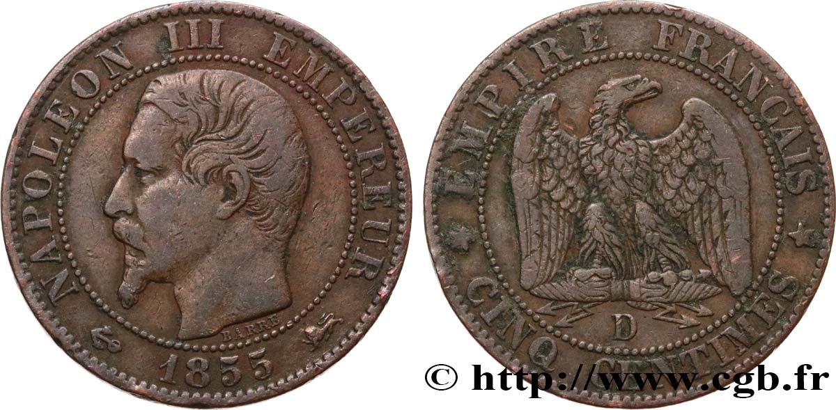 Cinq centimes Napoléon III, tête nue 1855 Lyon F.116/23 TB25 