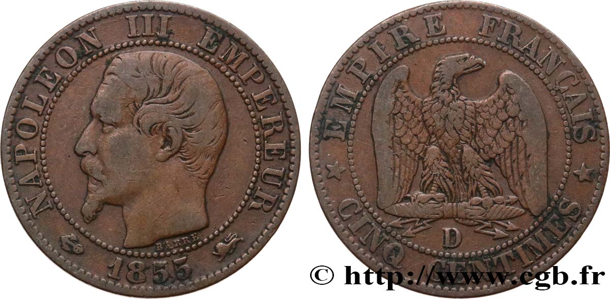 Cinq centimes Napoléon III, tête nue 1855 Lyon F.116/23 BC25 