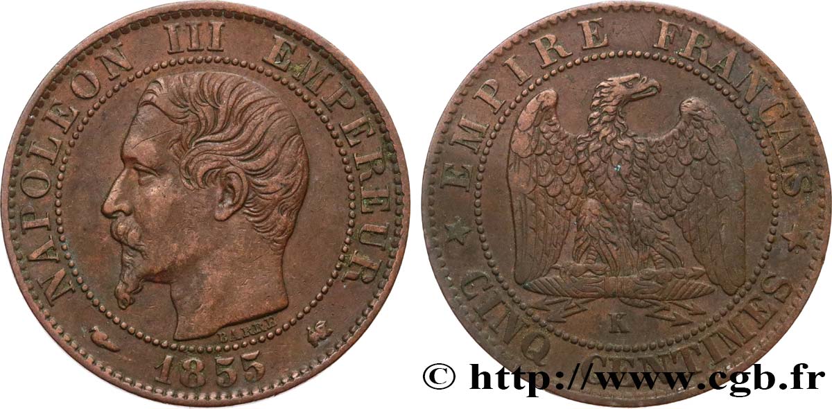 Cinq centimes Napoléon III, tête nue 1855 Bordeaux F.116/24 TTB45 