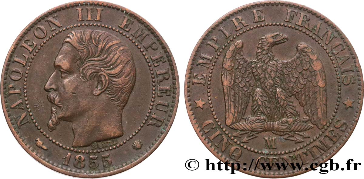 Cinq centimes Napoléon III, tête nue 1855 Marseille F.116/26 XF45 