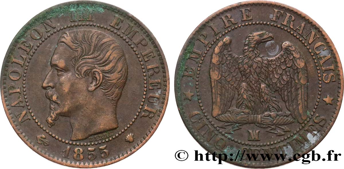 Cinq centimes Napoléon III, tête nue 1855 Marseille F.116/27 TTB 