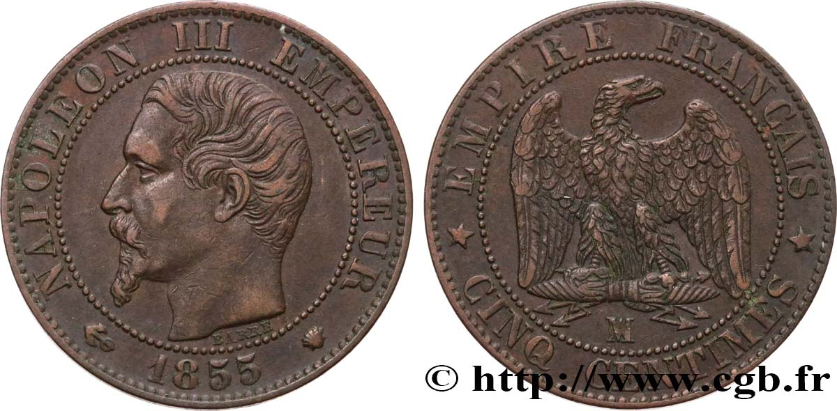 Cinq centimes Napoléon III, tête nue 1855 Marseille F.116/27 TTB45 