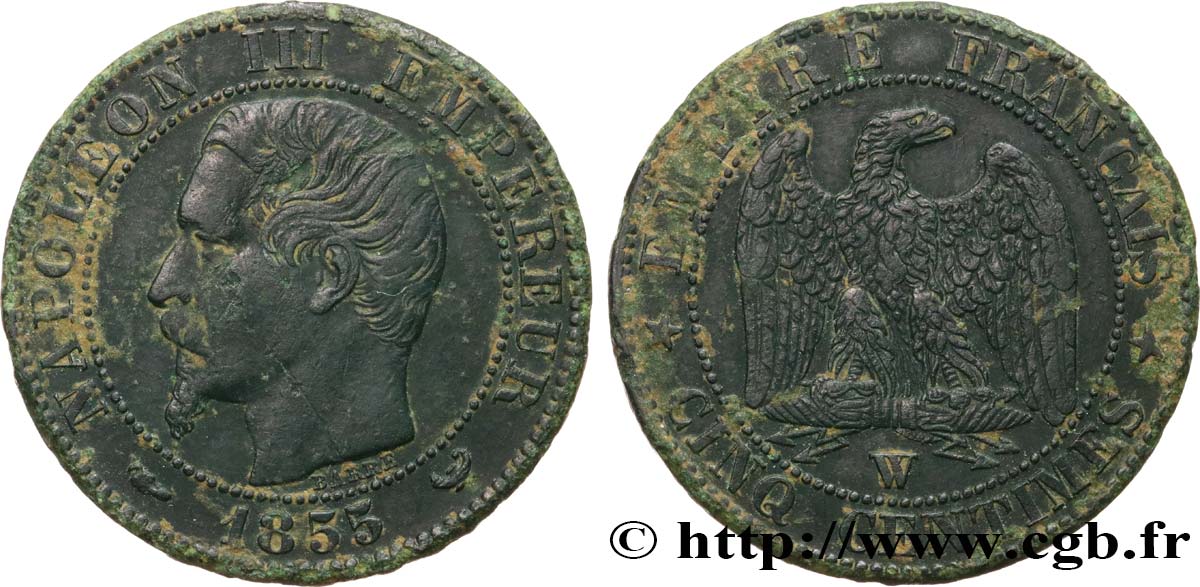 Cinq centimes Napoléon III, tête nue 1855 Lille F.116/28 TB+ 