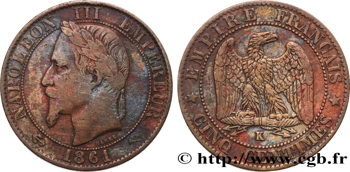 Cinq centimes Napoléon III, tête laurée 1861 Bordeaux F.117/6 S 