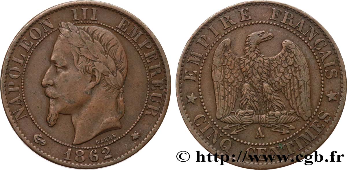Cinq centimes Napoléon III, tête laurée 1862 Paris F.117/7 BC35 