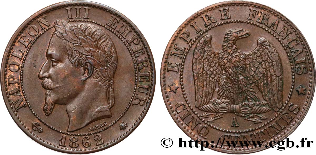 Cinq centimes Napoléon III, tête laurée 1862 Paris F.117/7 AU53 