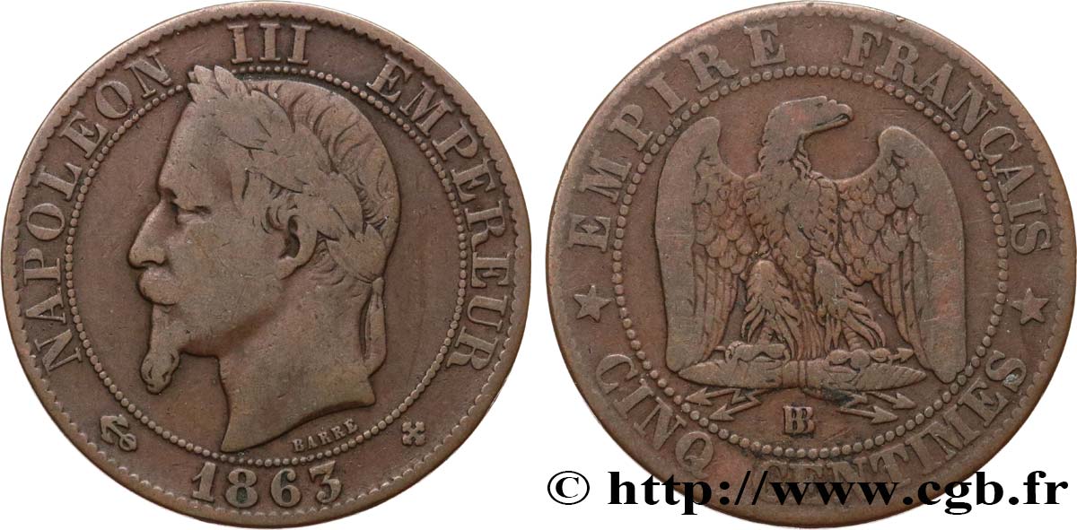 Cinq centimes Napoléon III, tête laurée 1863 Strasbourg F.117/11 TB20 