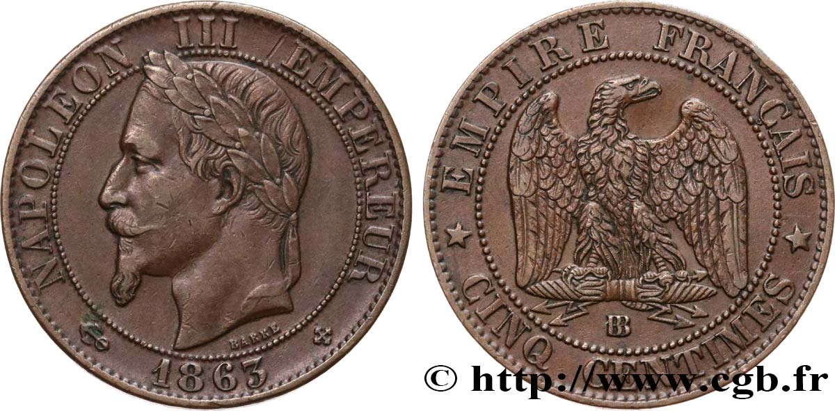Cinq centimes Napoléon III, tête laurée 1863 Strasbourg F.117/11 XF45 