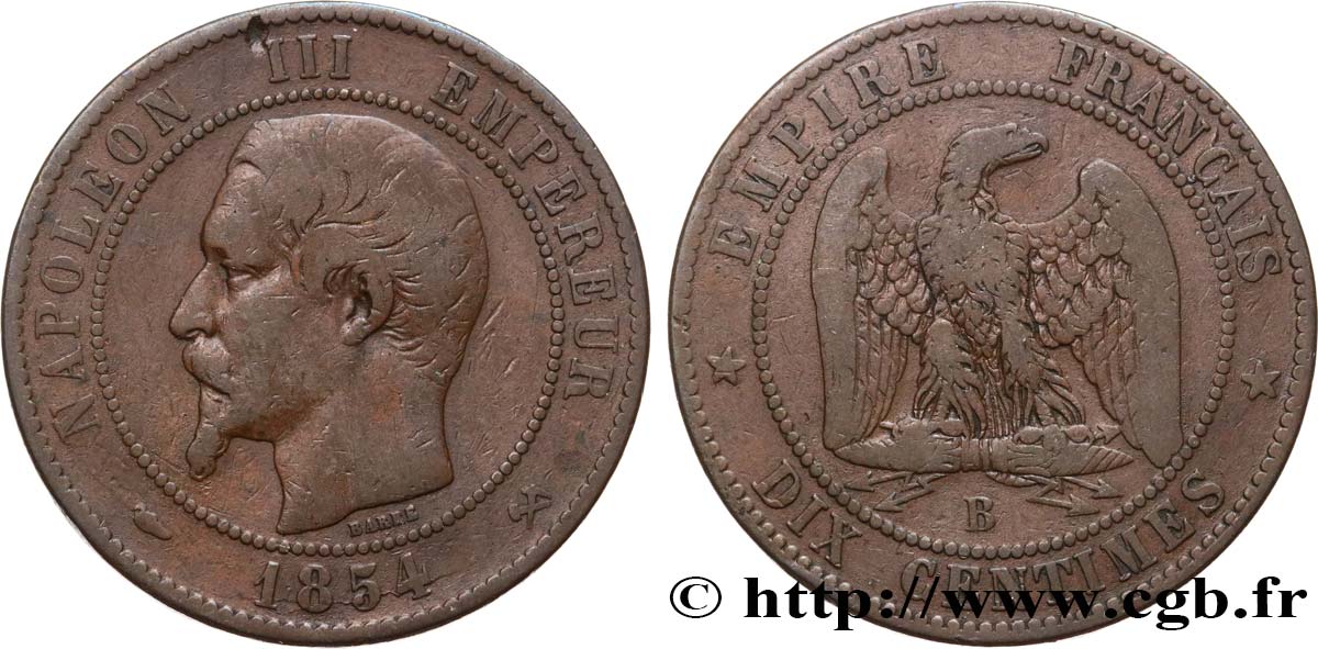 Dix centimes Napoléon III, tête nue 1854 Rouen F.133/12 VF25 
