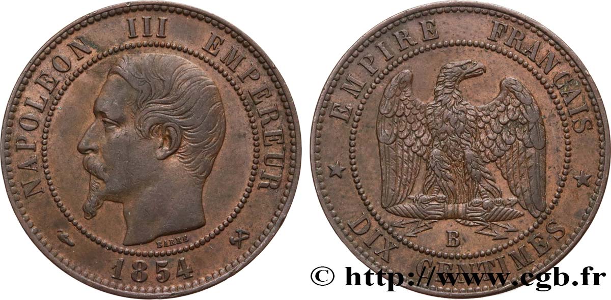 Dix centimes Napoléon III, tête nue 1854 Rouen F.133/12 SS45 