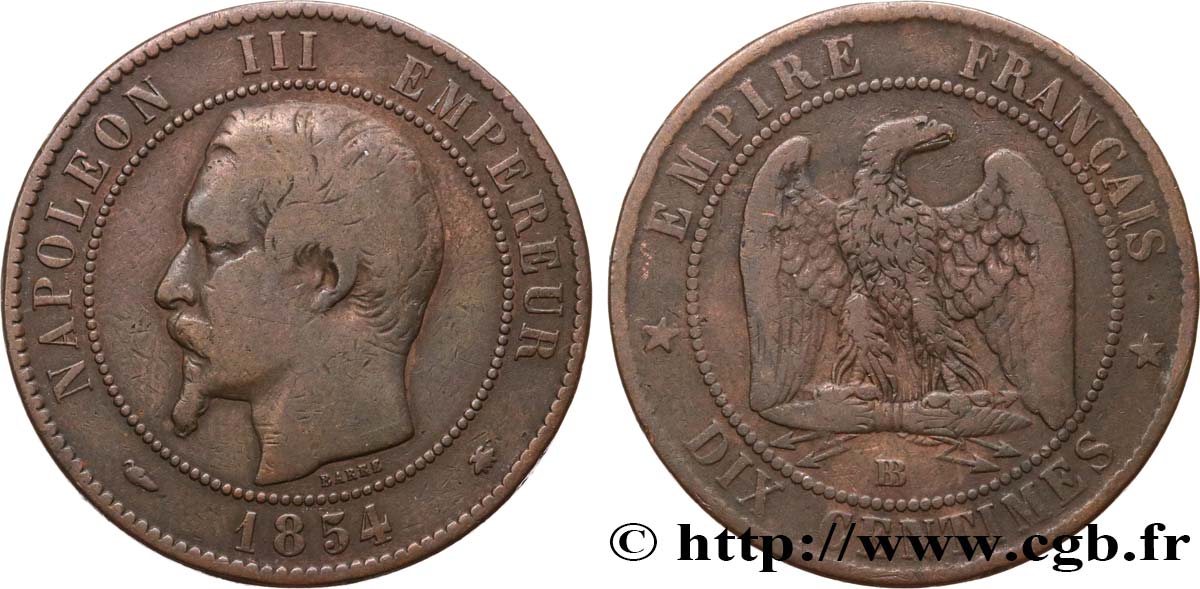 Dix centimes Napoléon III, tête nue 1854 Strasbourg F.133/13 S25 
