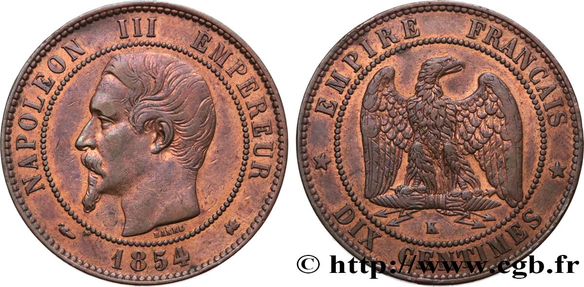 Dix centimes Napoléon III, tête nue 1854 Bordeaux F.133/16 MBC40 