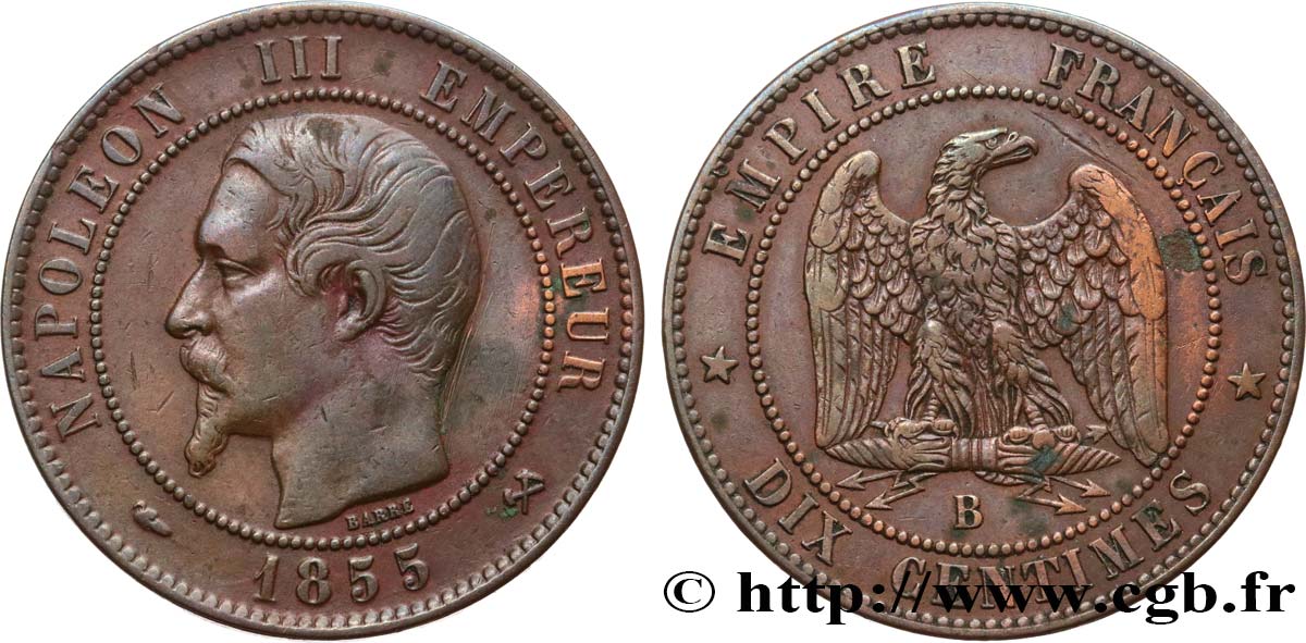 Dix centimes Napoléon III, tête nue 1855 Rouen F.133/21 TB+ 