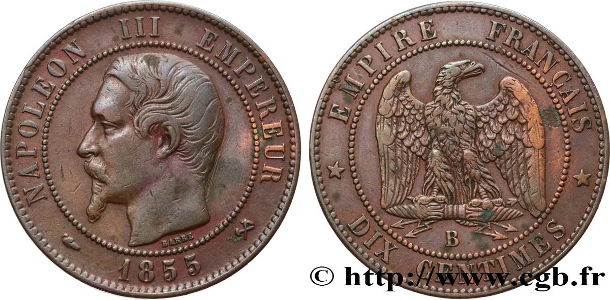 Dix centimes Napoléon III, tête nue 1855 Rouen F.133/21 BC+ 