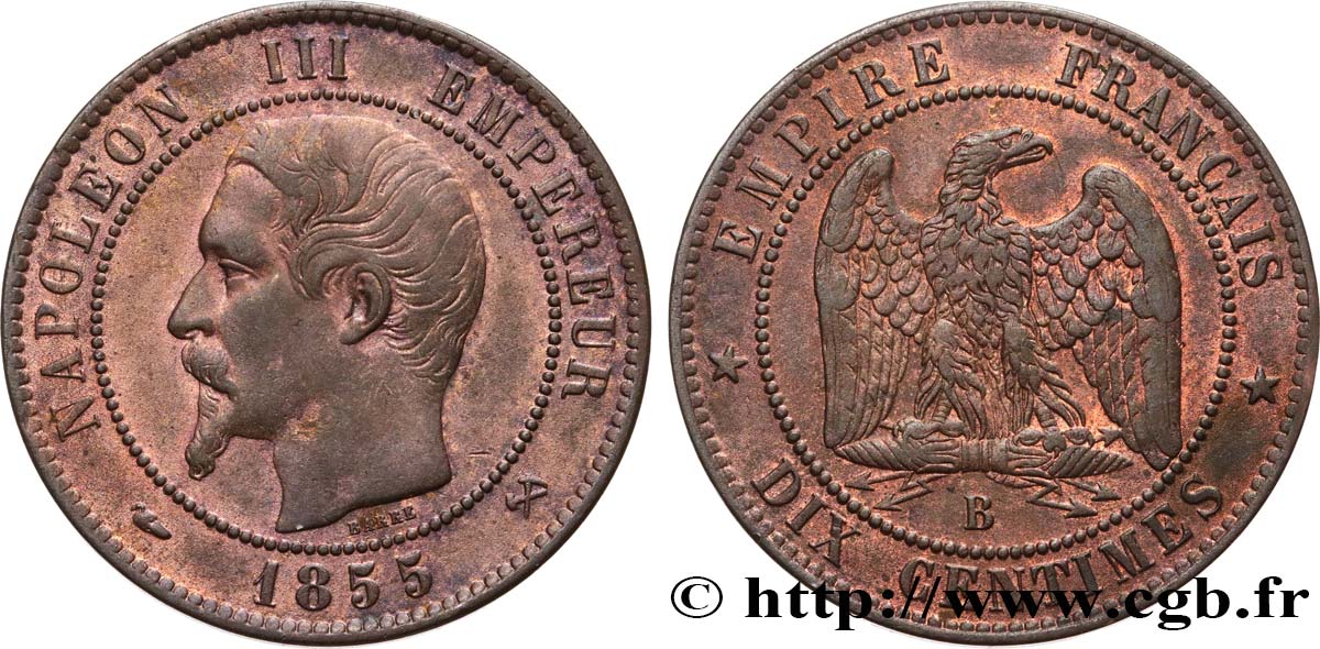 Dix centimes Napoléon III, tête nue 1855 Rouen F.133/21 MBC45 