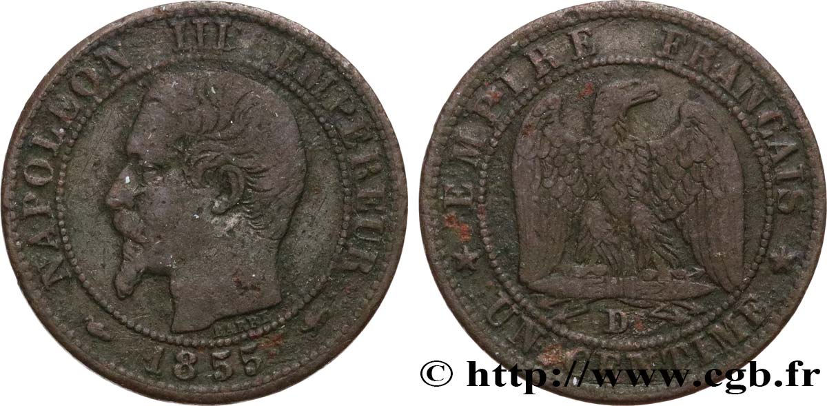 Un centime Napoléon III, tête nue, différent levrette 1855 Lyon F.102/19 fS 