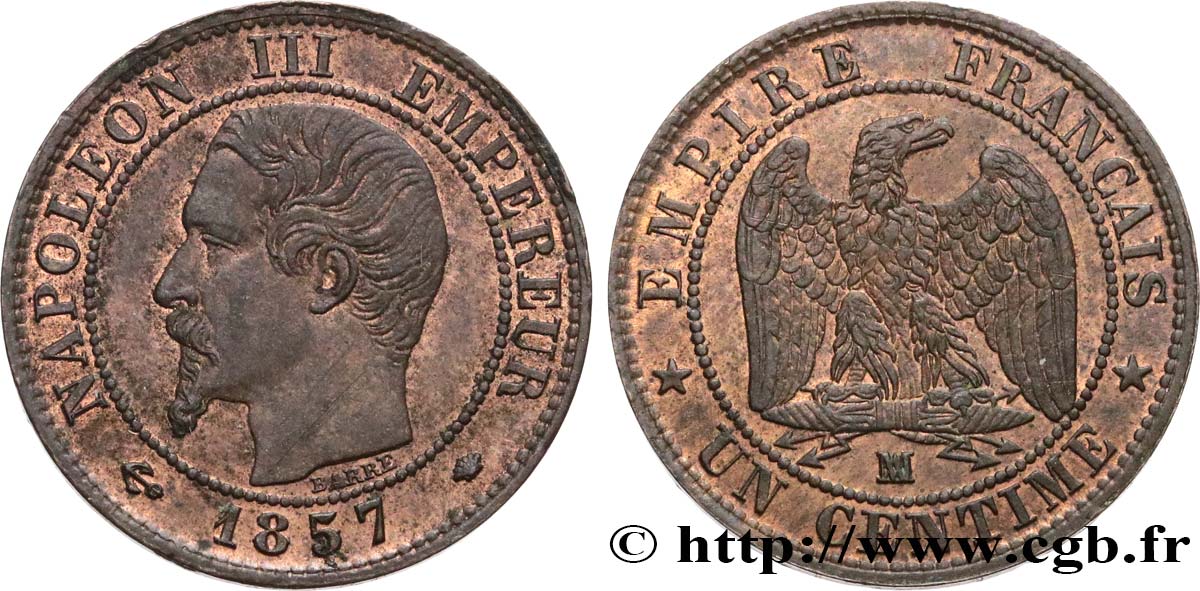 Un centime Napoléon III, tête nue 1857 Marseille F.102/37 EBC58 